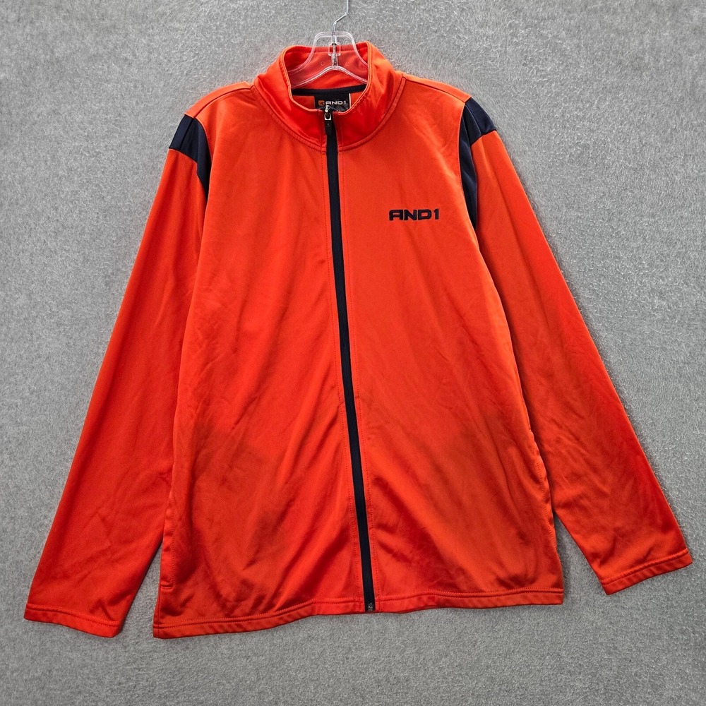 AND1 Men‎ Track Jacket Large Orange Full Zip Logo Mock Neck Pockets Long Sleeve